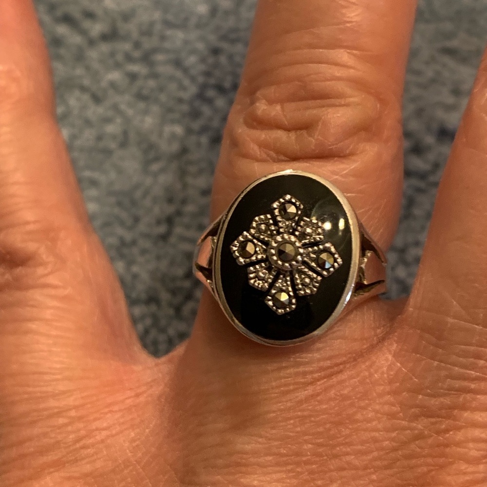 Sterling Silver Black Onyx and Marcasite Ring